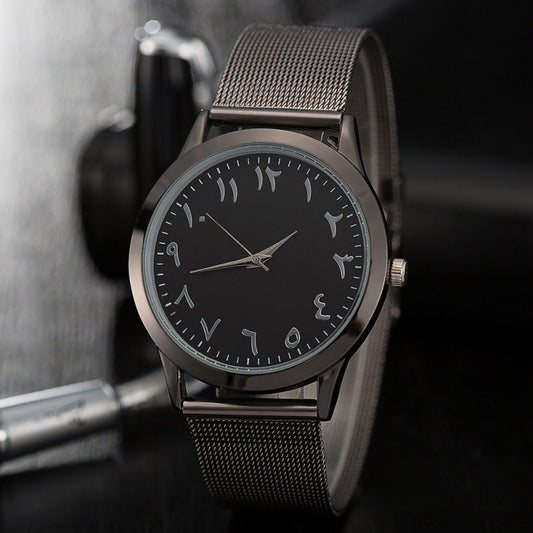 Classic minimalist watch with black dial and silver mesh band